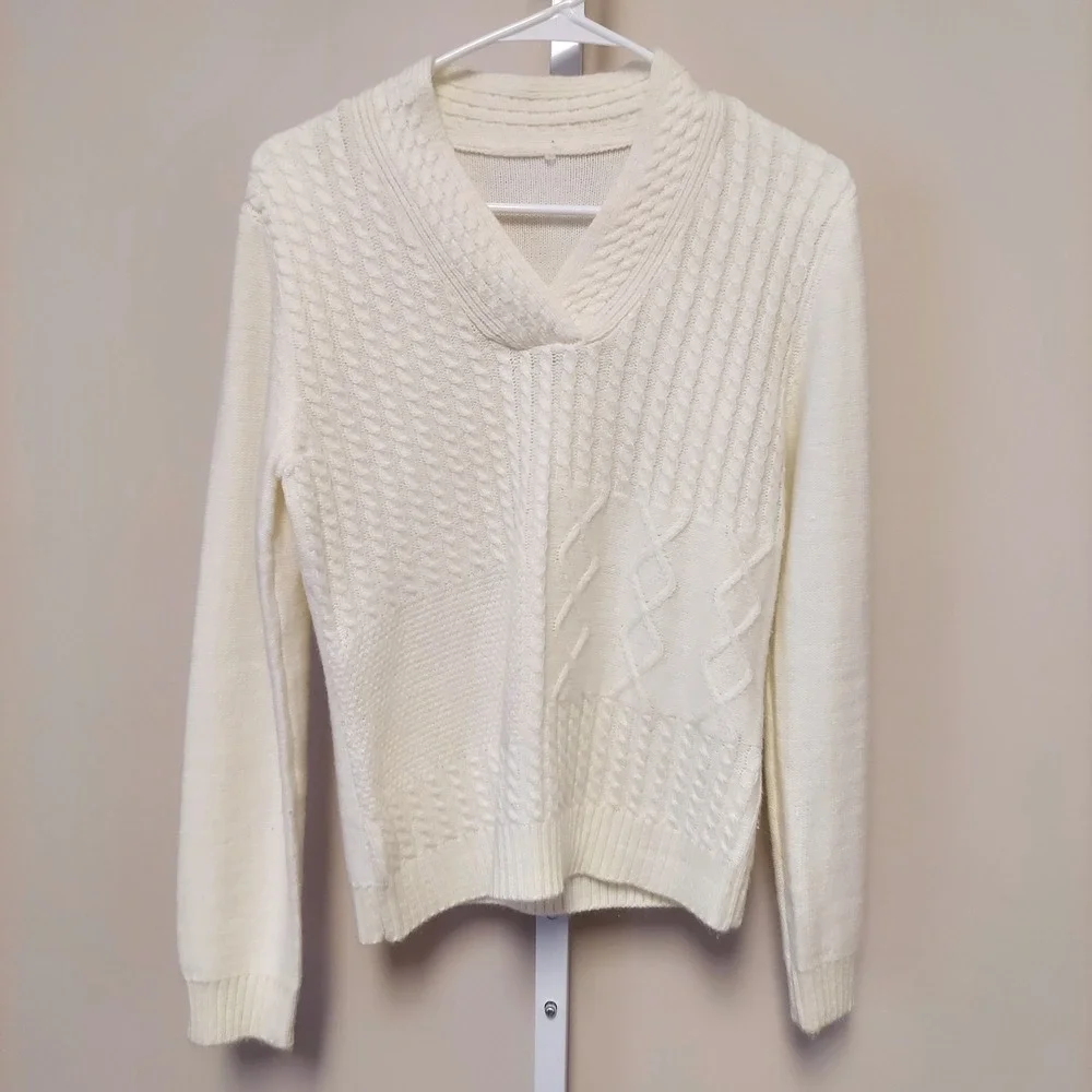 Cream Cable Knit V Neck Sweater Long Sleeve Pullover Women's Nautical‎ Old Money